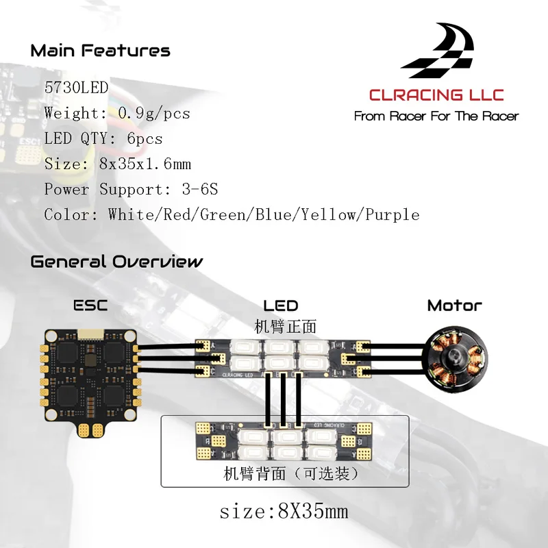 CLRACING-tablero de luz LED con brazo de marco, piezas de repuesto para Dron FPV, 3-6S, 6 Bits, 25mm/35mm, 4 unidades