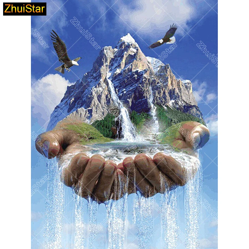 

5D Diy diamond painting cross stitch Mountain Waterfall Hands Full Square Diamond embroidery Needlework Rhinestone Mosaic Crafts