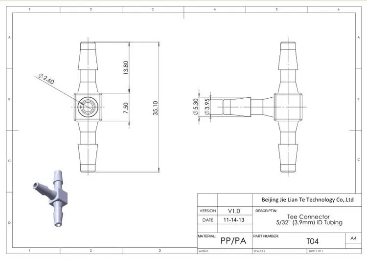 10pk  3.9mm-Barb Mini T-Shaped Barb Connector - square elbow