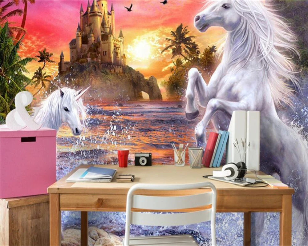 3D wallpaper red sky castle stream waterfall rainbow white horse children room background wall mural 3d wallpaper beibehang