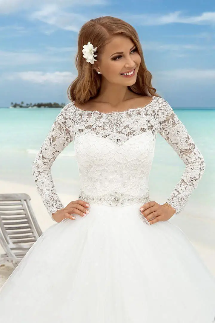 Lindo manga cheia vestidos de casamento praia longo barco pescoço vestido de baile capela trem tule rendas vestidos de noiva robe de mariage