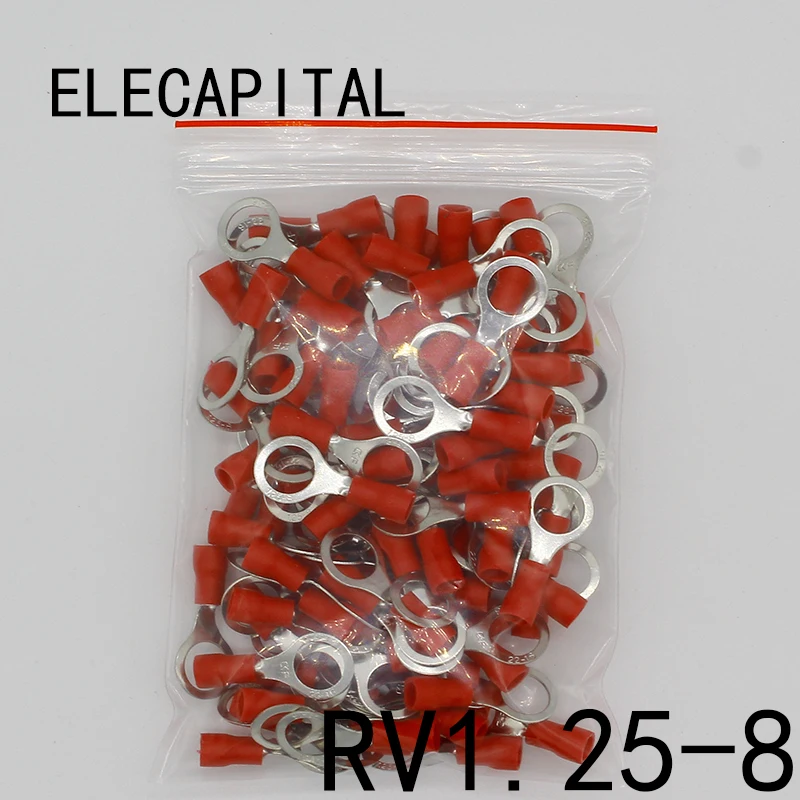 RV1.25-8 Red Circular 22-16 AWG 0.5-1.5mm2 Insulated Ring Terminal Connector Cable Wire Connector 100PCS/Pack RV1-8 RV