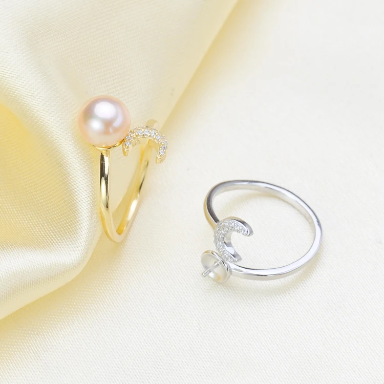

S925 Sterling Silver Moon Design Pearl Rings Settings Women DIY Pearl Rings Components Silver&Gold Color 3Pcs/Lot