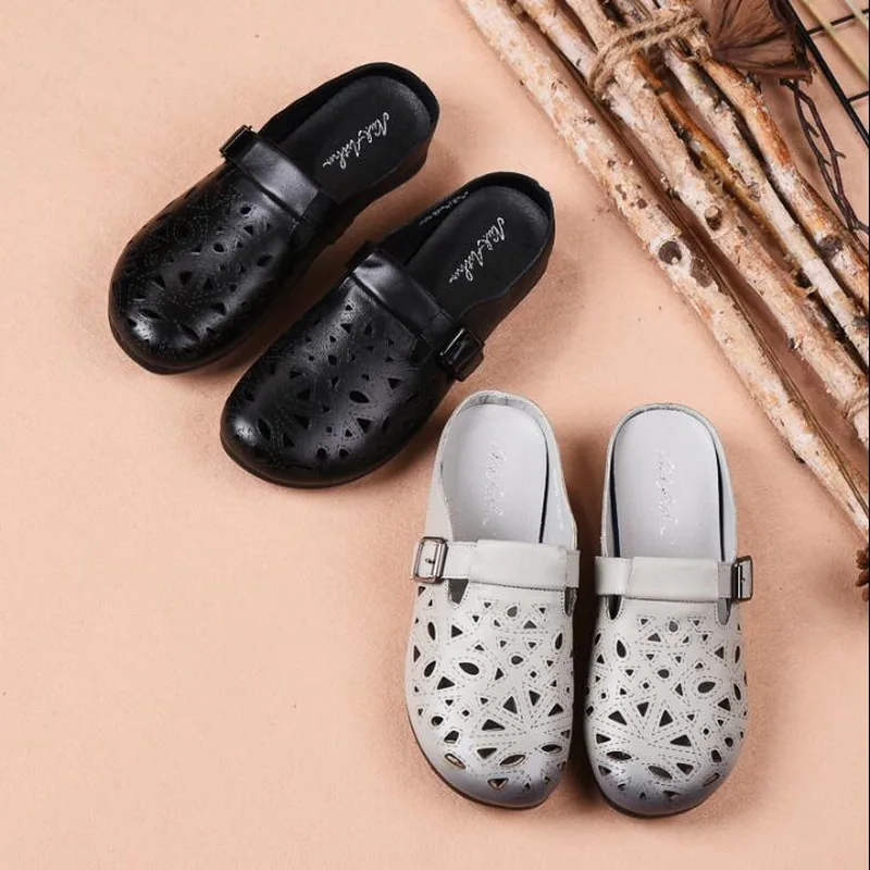 Summer Slippers Genuine Leather Shoes Women Slides Cover Toes Handmade Vintage Style Women Flat Sandals