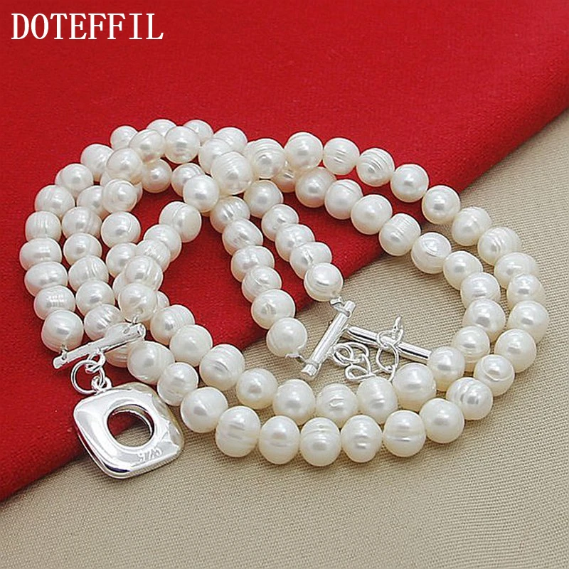 DOTEFFIL-Colar Duplo Branco Natural de Pérolas para Mulheres, Prata Esterlina 925, Moda Noivado de Casamento, Jóias Charm, 8mm