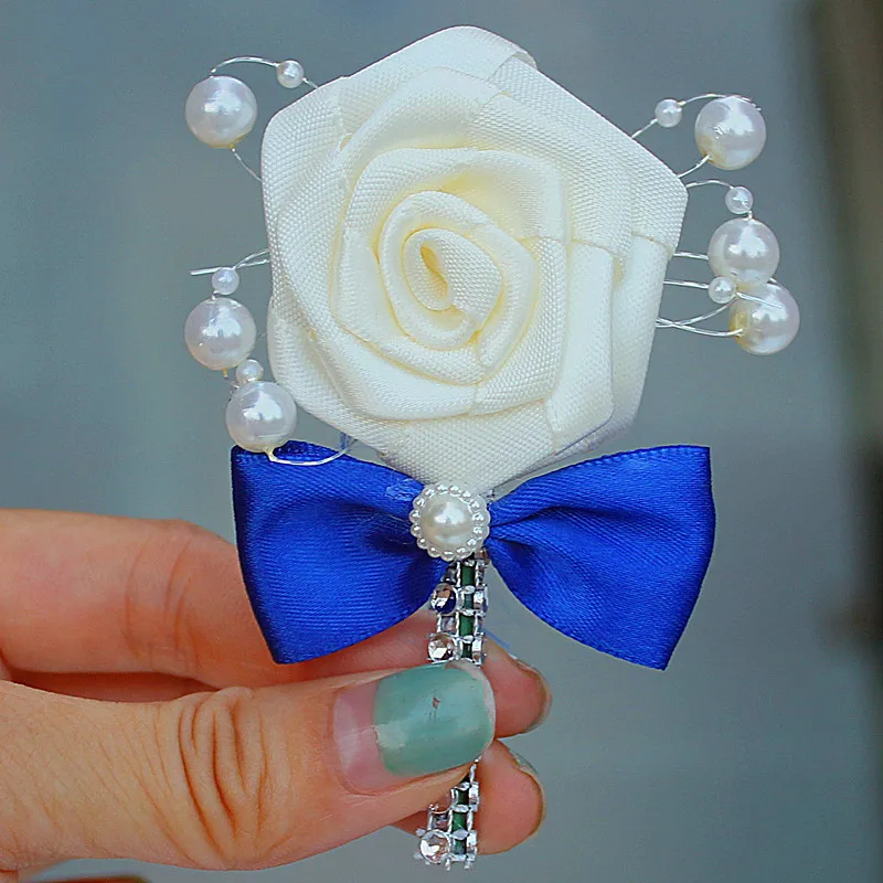 Wholesale Ivory Rose Flower Orange Bow Tie Wedding Corsages Boutonniere Groom Pearl Men's Wedding Flowers Brooch X8715