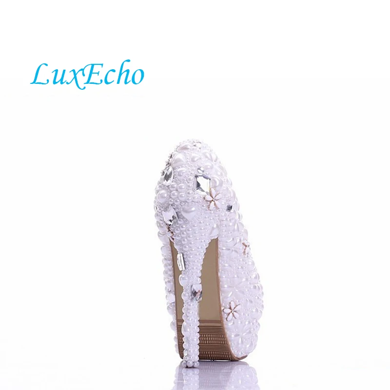 white pearl womens wedding shoes Bride 14cm high-heeled platform shoes woman round toe handmade single shoes