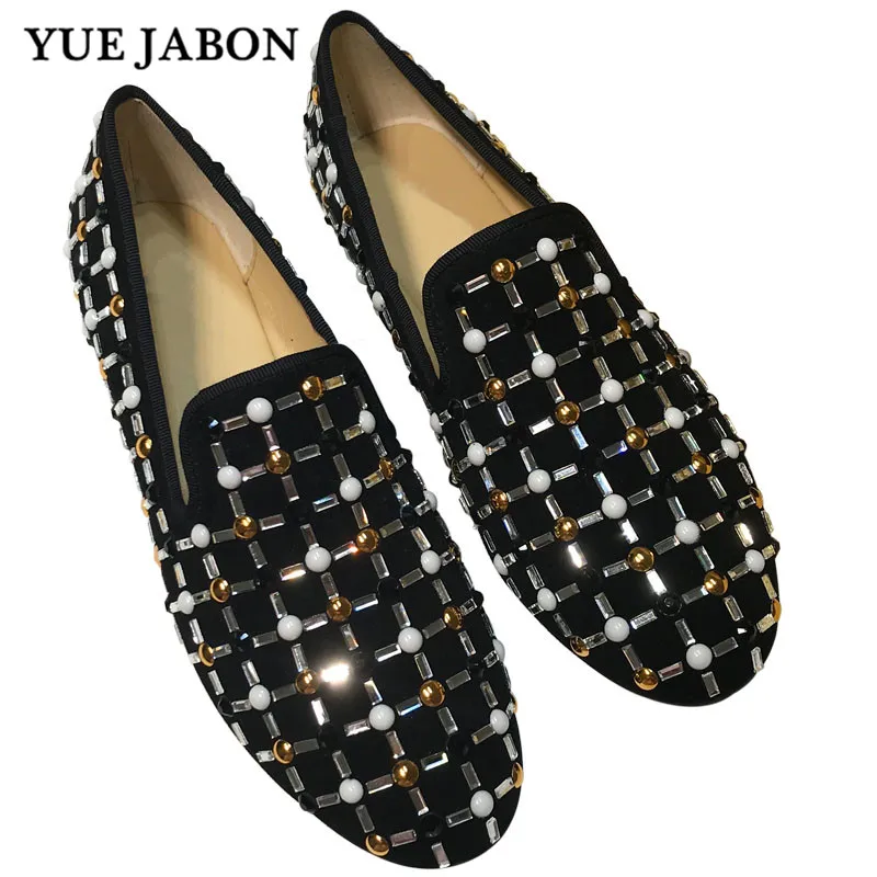 YUE JABON Dress Shoes Men Loafers Rhinestones Crystal Slippers Real Leather Luxury Banquet Men's Flats Business Man Footwear