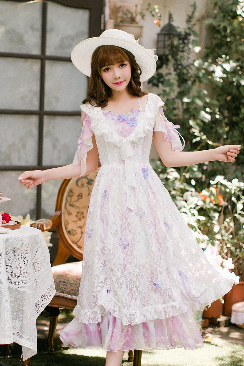 

Princess sweet lolita Candy Rain Lace dress female false two piece dress slim princess dress C22AB7130