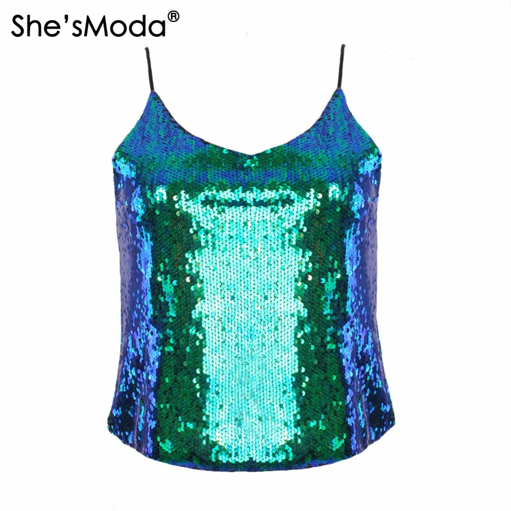 

She'sModa Gradual Color Sequins A-line Top Women's Club Party Halter Tank Loose Camis Vest