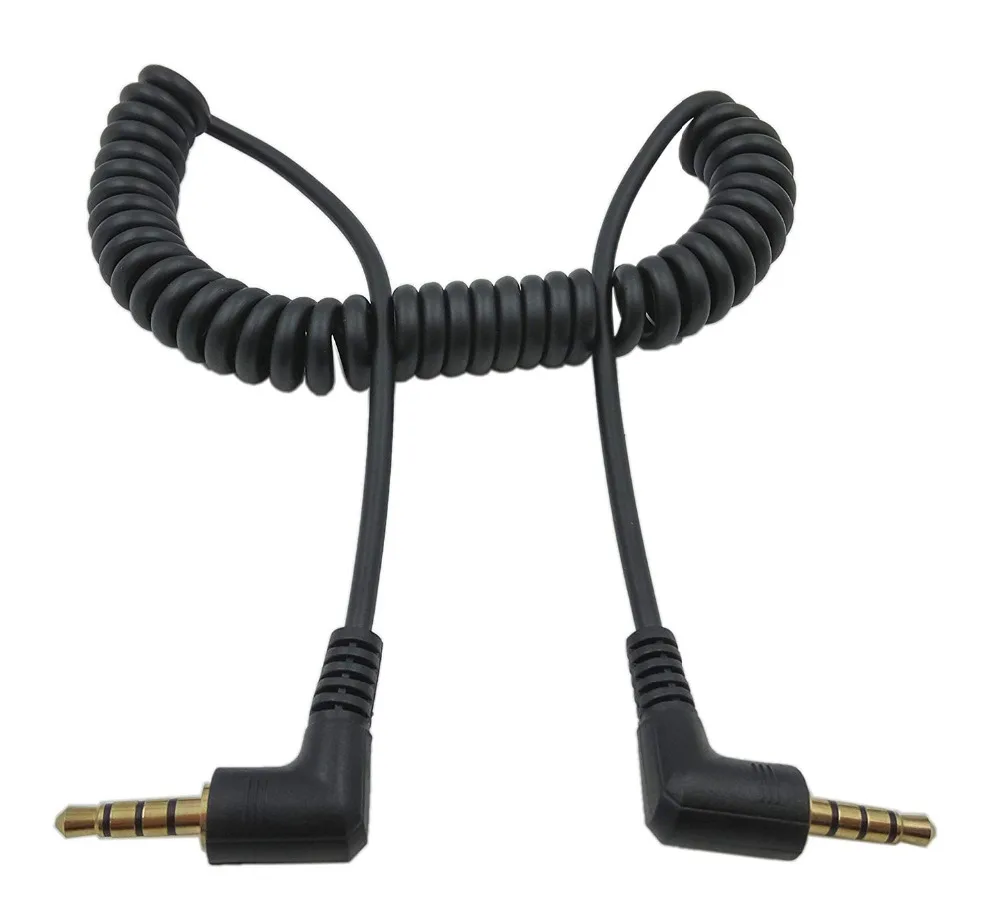 

90 Degree Right Angle 3.5mm Male to Male Jack 4 Pole Extension Aux Audio Coiled Spiral Cable 1.5m/5ft