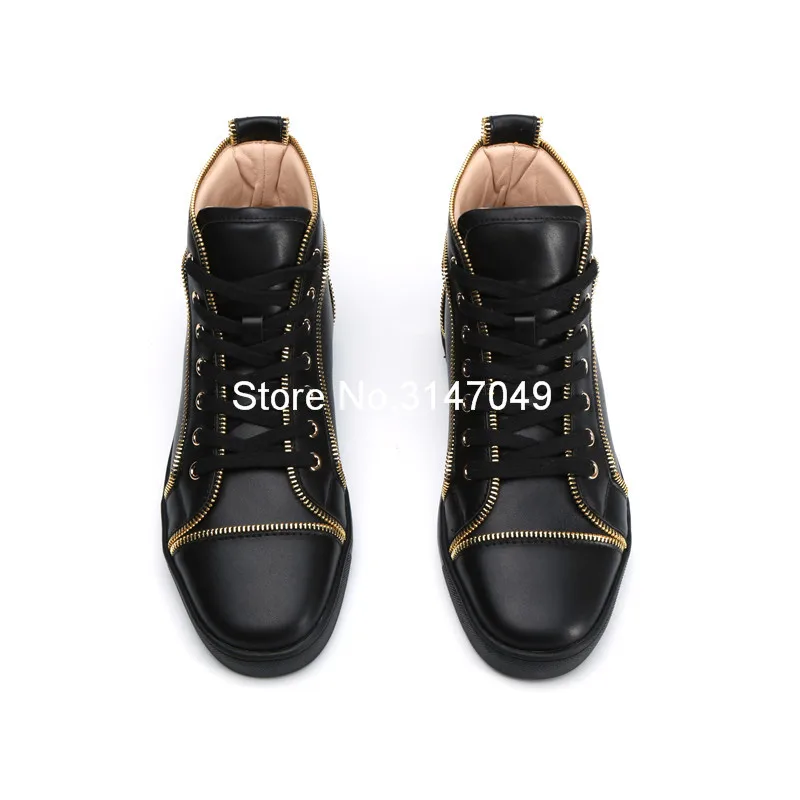 Lace Up Mens Shoes Casual Luxury Shoes Men Gold Zipper Bordered Mens Black High Tops Sneakers Spring Autumn Mens Moccasins Shoes