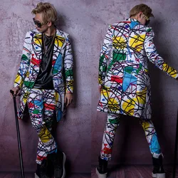 Nightclub Bar Suits Male Singer Model Catwalk Line Print Medium Long Blazers Pants Set Men Concert Stage Performance Costume