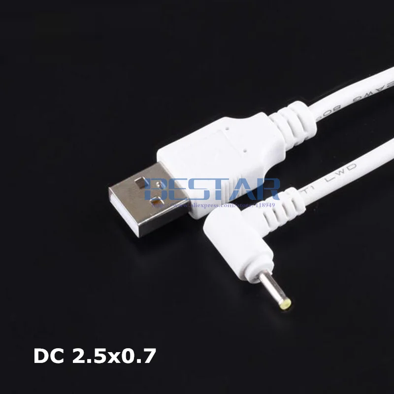 Biały kątowy wtyk zasilacza USB do DC 2.5*0.7 2.5*0.7mm 2.5mm x 0.7mm 2.5x0.7mm Jack kątowy L kształt kabel do ładowania 1M