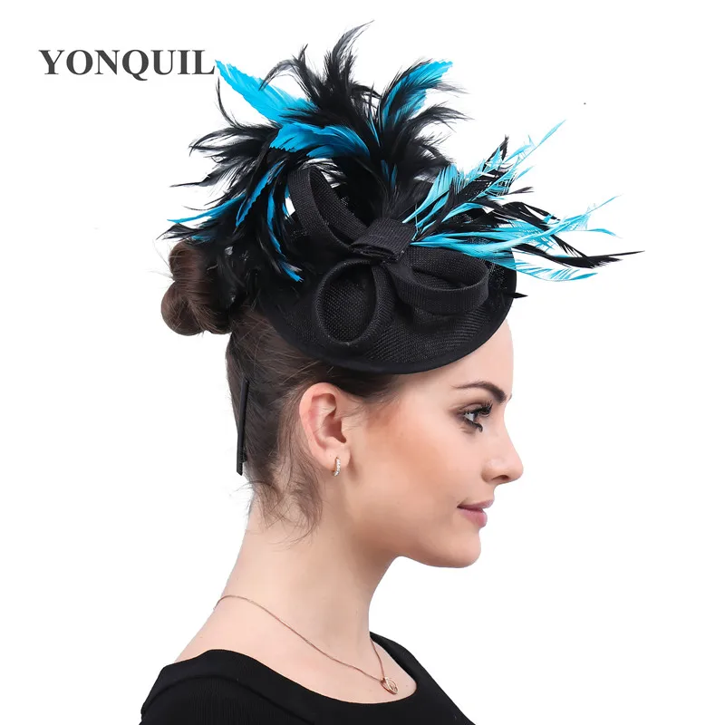 

Kentucky Derby Cocktail Hat With Feather Imitation Sinamay Fascinator Hats Multiple Colors Women Fancy Ivory Bridal Wedding Hats