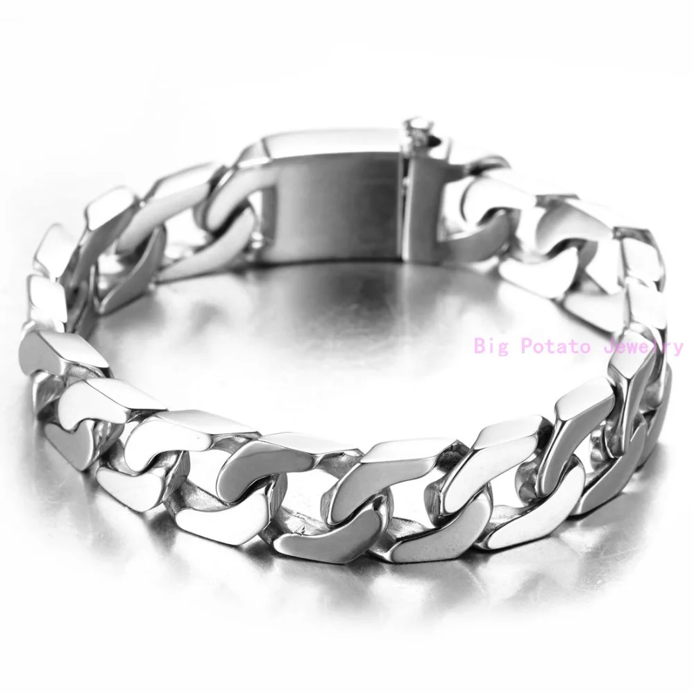 Top Polishing Silver Color Cuban Curb Casting Link Chain Bracelet 316L Stainless Steel Cool Men Bangle Jewelry 12mm*22CM