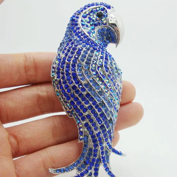 Fashion Style Silver Color Parrot Bird Pendant Brooch Pin Blue Crystal Rhinestone