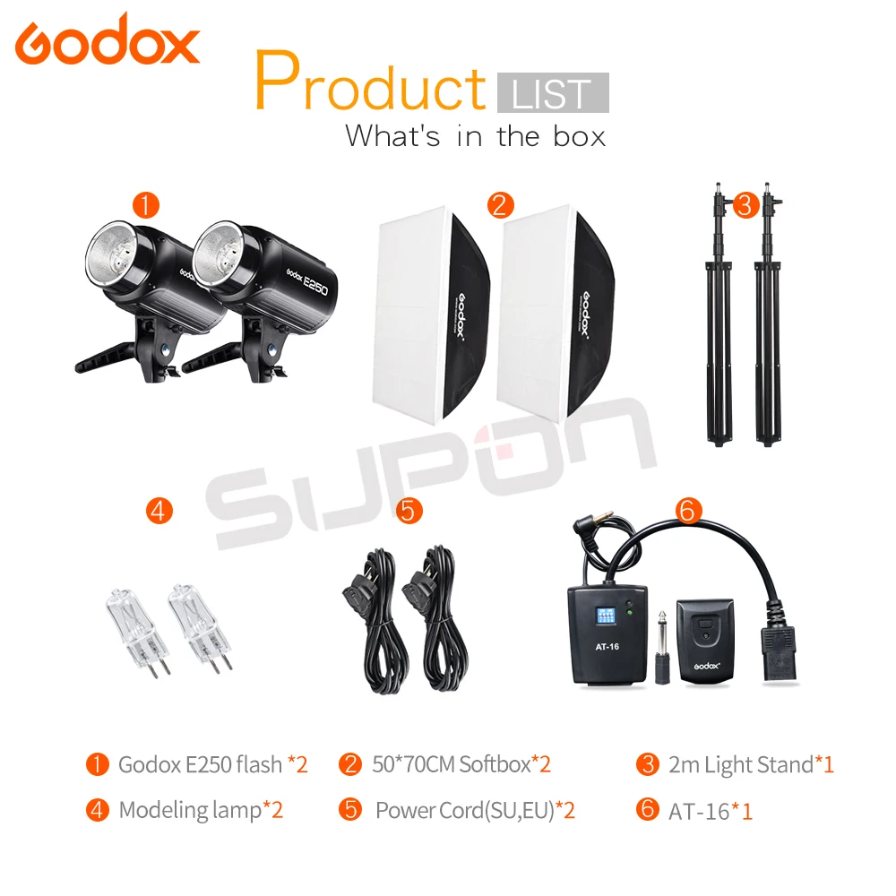 Godox Photography kits E250 220V Flash Light With AT-16 Trigger  50*70 cm Softbox  2m Light Stand to Photography  Studio