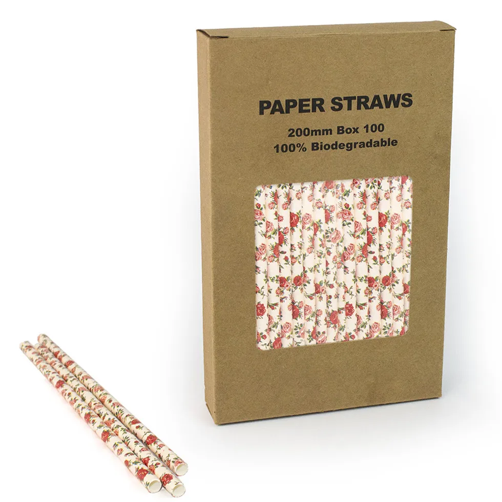 100 Pcs/Box Light Pink Floral Paper Straws,Blush Flower Vintage Bridal Baby Shower Birthday Tea Party Wedding Soda Drinking