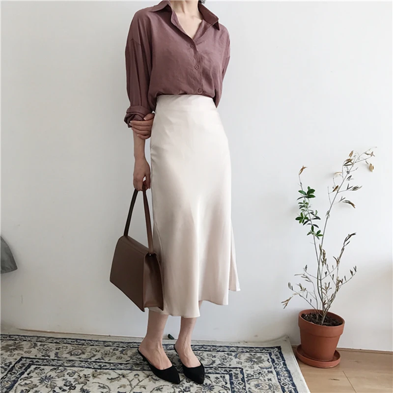 

2021 Korean Summer Elegant High Waist Women Long Silk Satin Skirt Brief Solid Color Zipper Midi Wrap Skirts