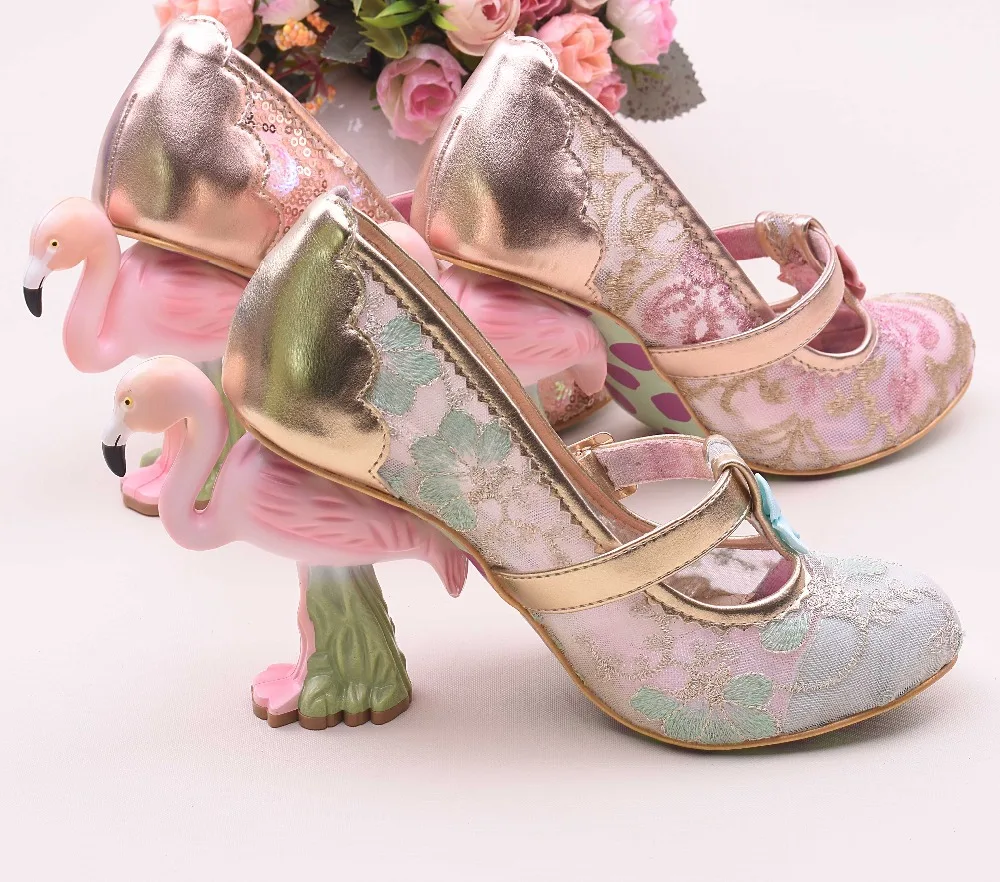 

Sweet Flamingos Strange Heels Pumps Bling Sequins Embroidery Lace Wedding Shoes Summer Women Ankle Strap Bowtie Lolita Pumps