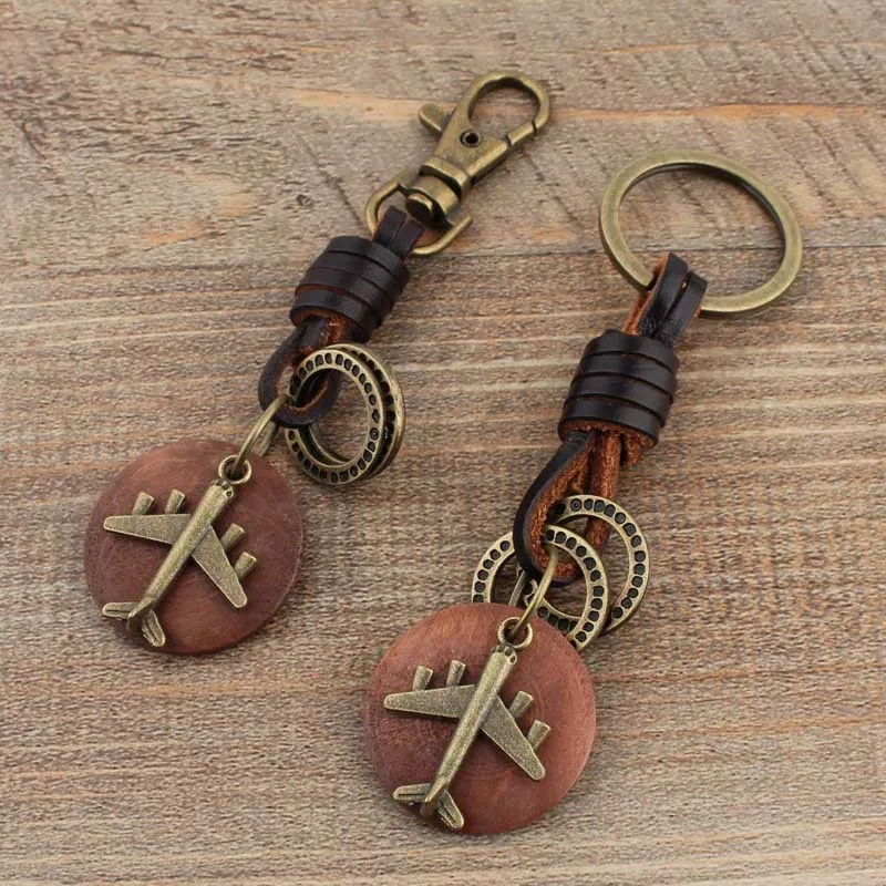 New Vintage Key chain Handmade Leather Keychain Round Wood Bronze Airplane Pendant New Car Key Ring