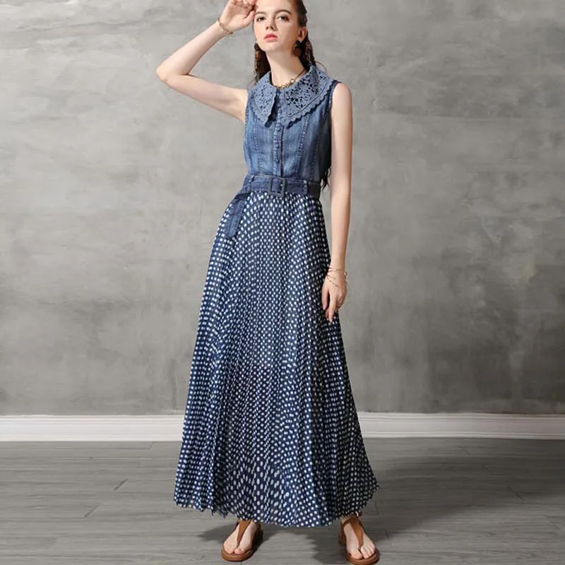 

Free Shipping 2022 Fashion Summer Sleeveless Denim And Chiffon Dot Dress With Belt Women Long Maxi S-XL Turn Down Collar Vintage