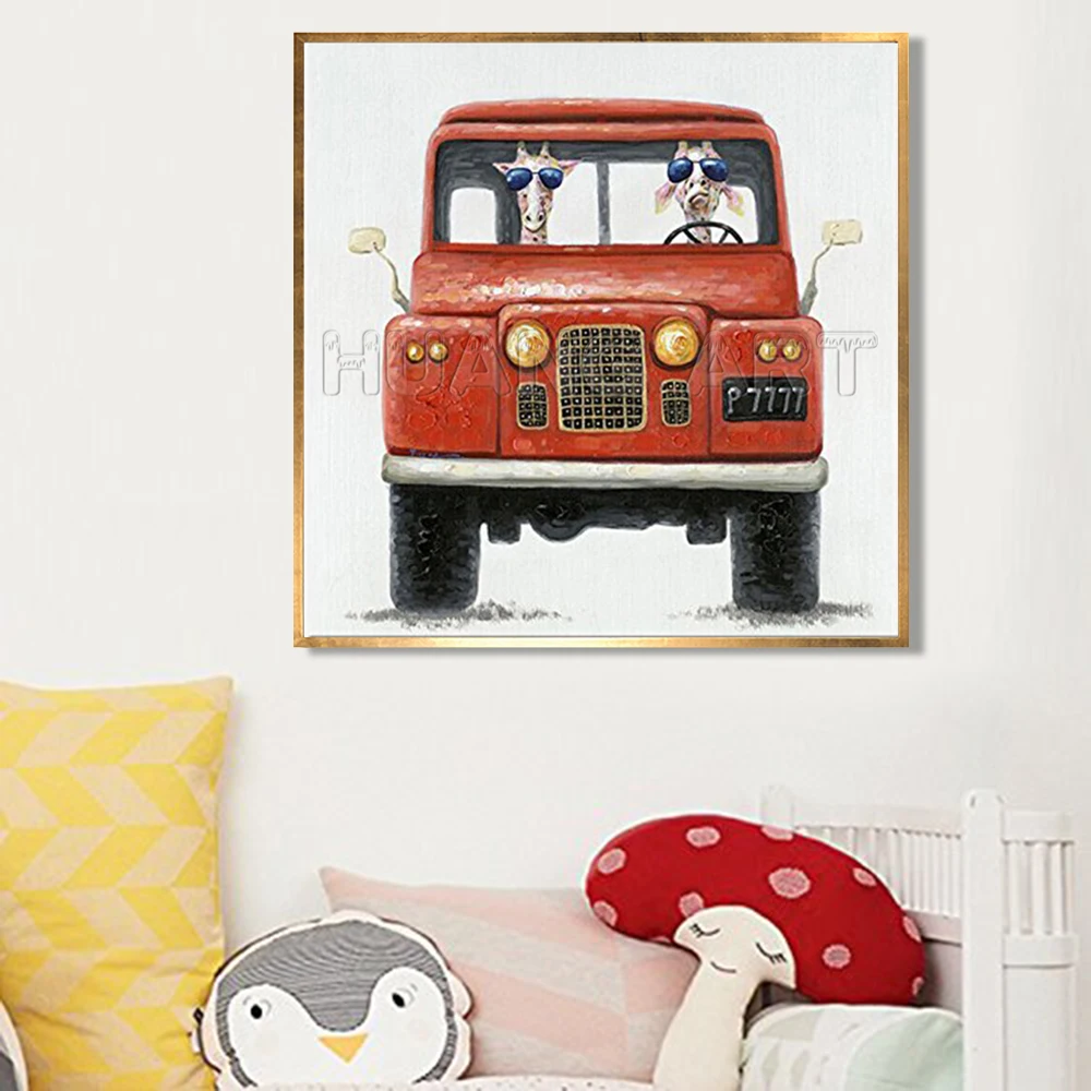 New Style Hand-painted High Quality Modern Animal Oil Painting for Room Decor Painting The Giraffe Drives a Red Car Funny Art