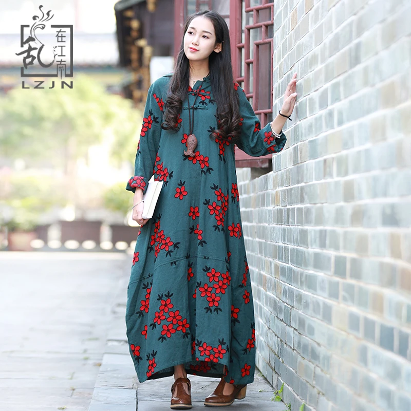 LZJN-Floral Duster Coat for Women, Embroidery Jacket, Hooded Windbreaker, Cotton Vintage Chinese Long Jacket, Spring and Autumn