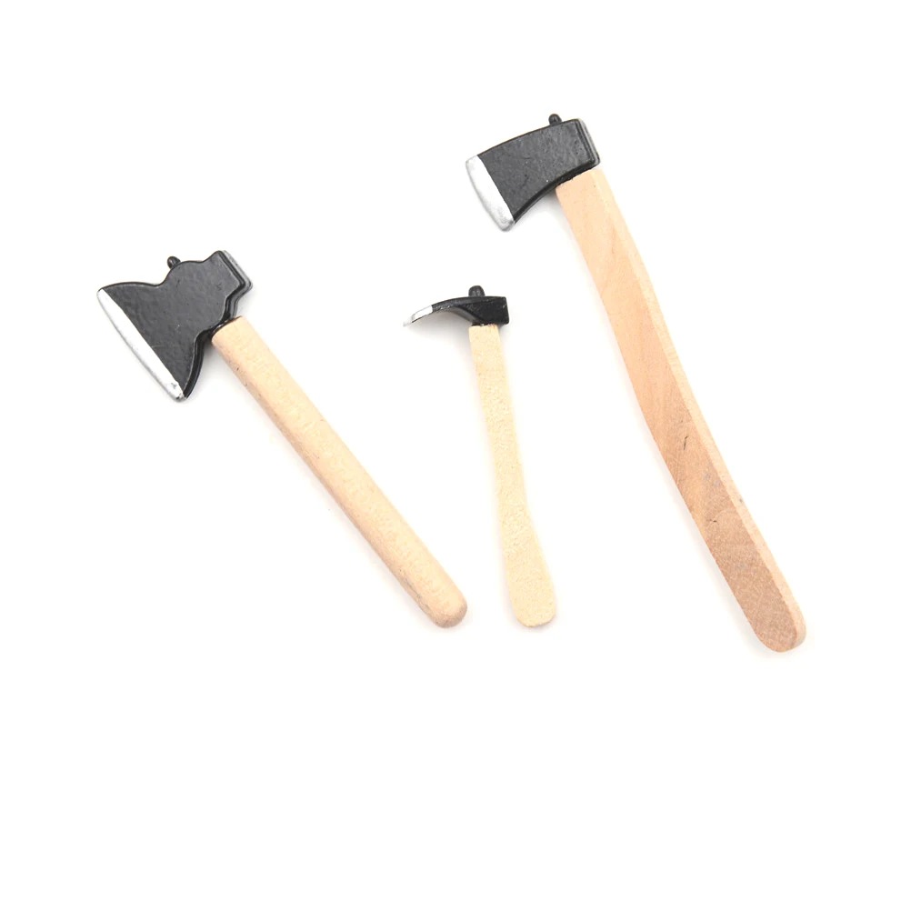 3Pcs/set Mini Wood Metal Chopper Hatchet Dollhouse Miniature 1:12 Toy Tools Axe Hammer Wholesale