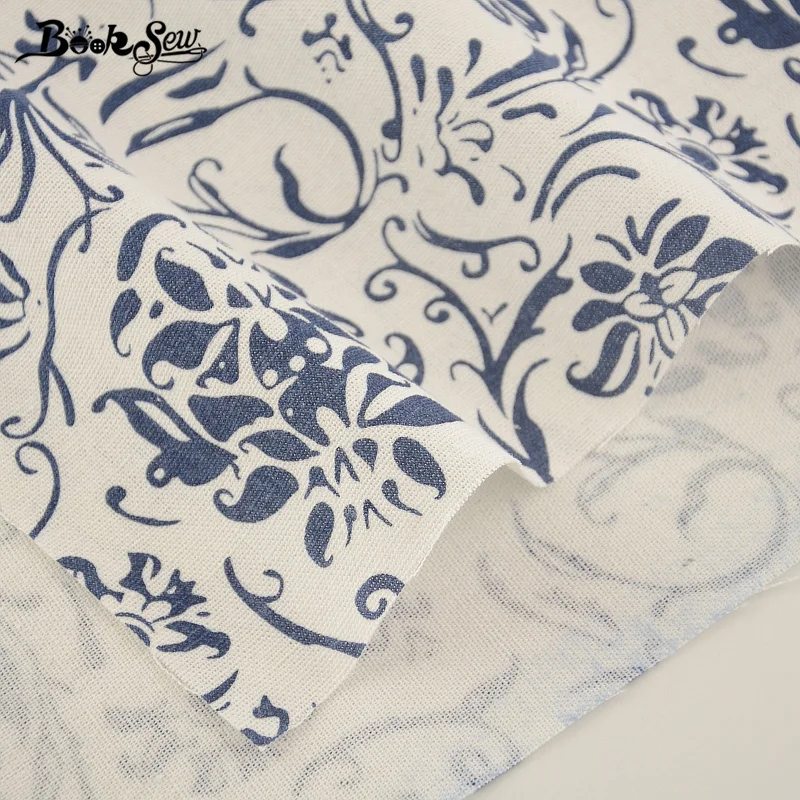 Booksew Blue Flower Design Cotton Linen Fabric Sewing Material For Tablecloth Pillow Bag Curtain Cushion Zakka  Home Textile