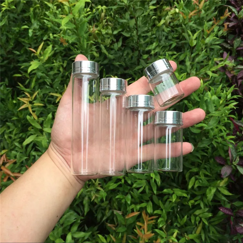 Glass Storage Bottles Jars Aluminum Silver Screw Cap Empty Bottles 15ml 25ml 40ml 50ml 60ml 50pcs Diy Wedding Gift Free Shipping