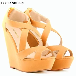 Nubuck Leather High Platform Women Sandals 2024 Summer Concise Open Toe High Heels Shoes Ladies Sexy Hollow Party Wedges Sandals