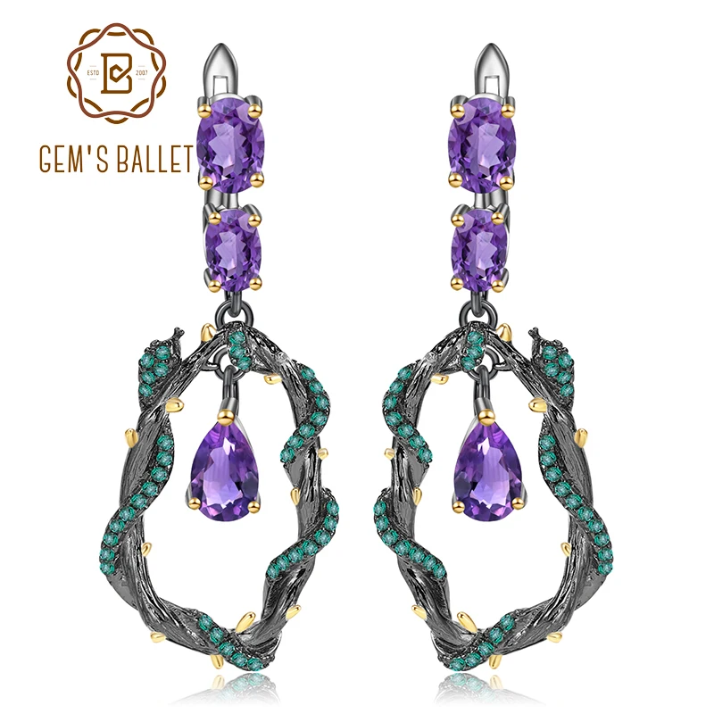 GEM'S BALLET 4.34Ct Natural Amethyst Gemstone Earrings 925 Sterling Silver Handmade Branch Snake Drop Earrings for Women Bijoux