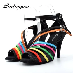 Ladingwu Woman Latin Dance Shoes For Ballroom Dancing Color Bars Satin Soft Bottom Dance Sandals Woman Heel 6/7.5/.8.5/10cm