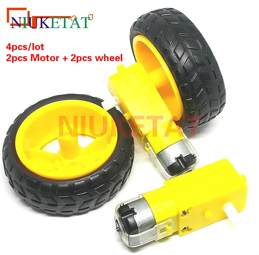 4pcs/lot=2pcs TT motor + 2pcs 65mm wheel DC3V-6V Motor 130 Gear motor with the wheel for Arduino Smart Car Robot TT Motor 3V-6V