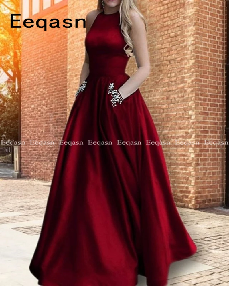 Burgundy Prom Dresses with Pockets A-Line Satin Customized Long Formal Evening Party Gowns Special Occasion Gala Graduation