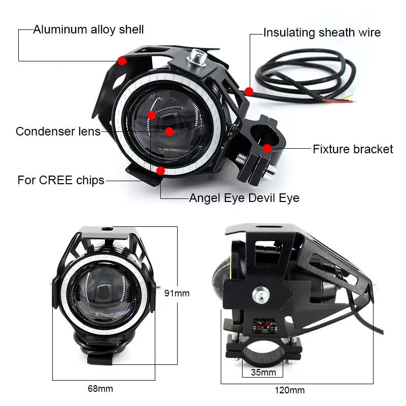 2PCS 125W Motorcycle Headlight w/ Angel Eye Devil Eye 3000LM moto spotlight U7 LED Driving Fog Spot Head Light Decorative Lamp