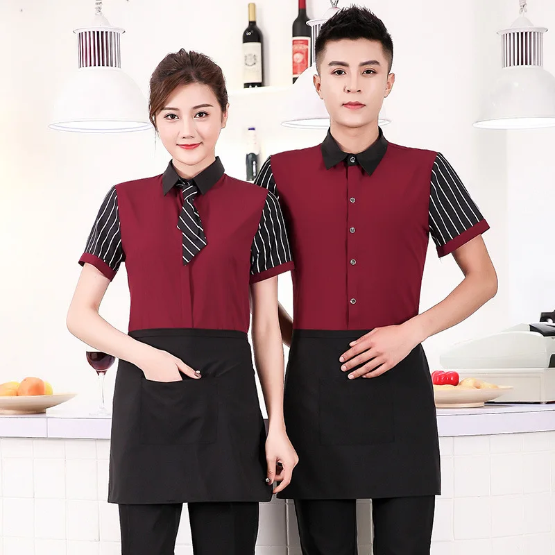 

Hotel Work Clothes Summer Waiter Restaurant Catering Uniforms KTV Hot Pot Shop Coffee Shops Short-sleeved Overalls Shirts H2216