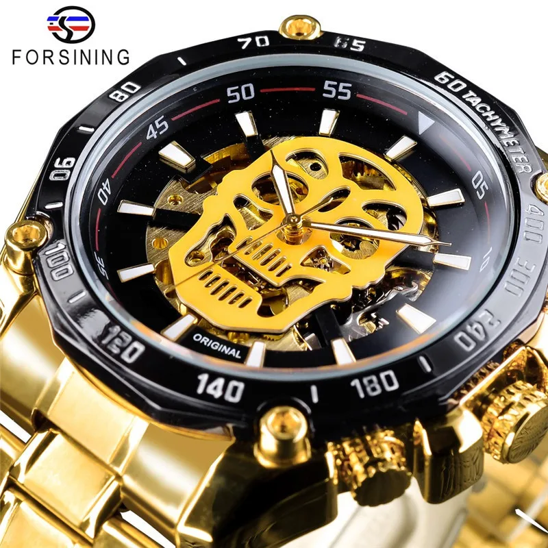 2018 Fashion Winner Brand Mechanical Watch Men Skull Design Clock Luxury Gold Stainless Steel Strap Man Skeleton Men Auto Wrist