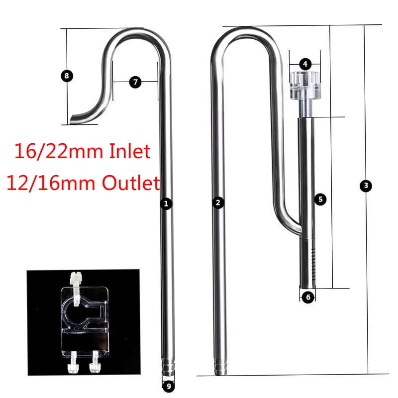 Stainless Aquarium Inflow Outflow Lily Water Pipe Surface Oil-film Skimmer Canister Filter For 16/22mm Inlet 12/16mm Outlet Tube