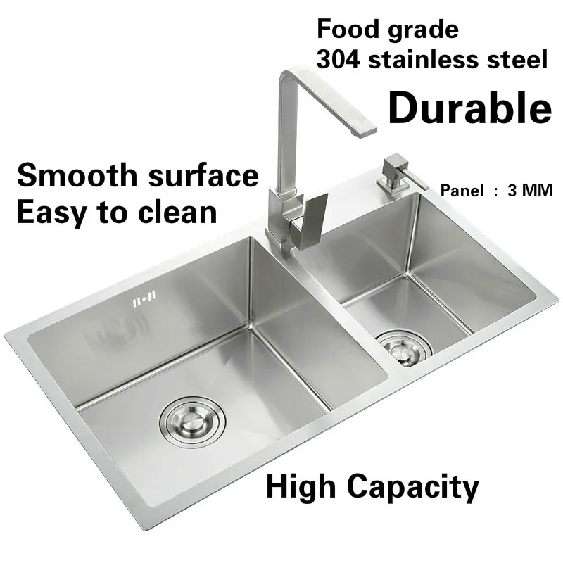 Free shipping Fashion big kitchen sink durable 304 stainless steel 3 mm hand made double groove hot sell 80x45 CM