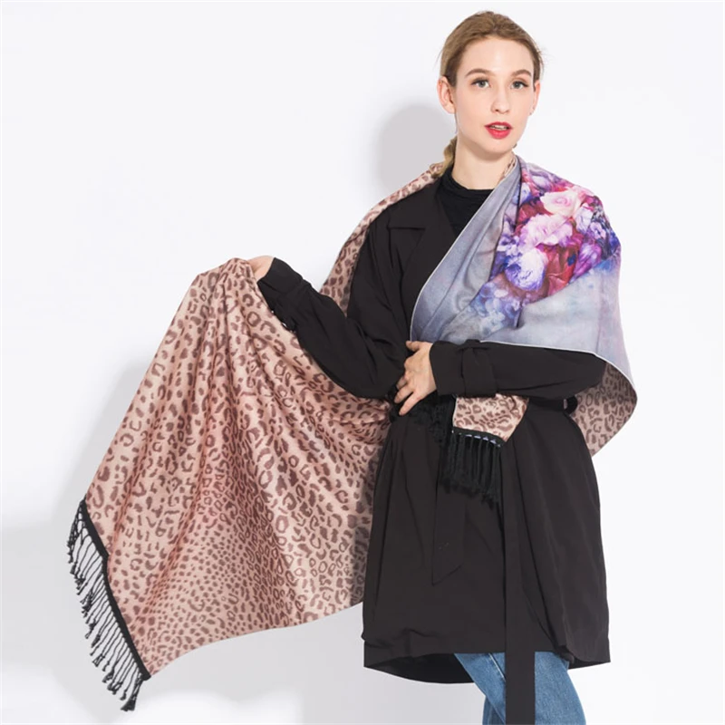 IANLAN 2019 Thickening Double-sided Printed Shawl Tassels Cashmere Scarf Wrap Women Fashion Leopard Pattern Warm Stole IL00093