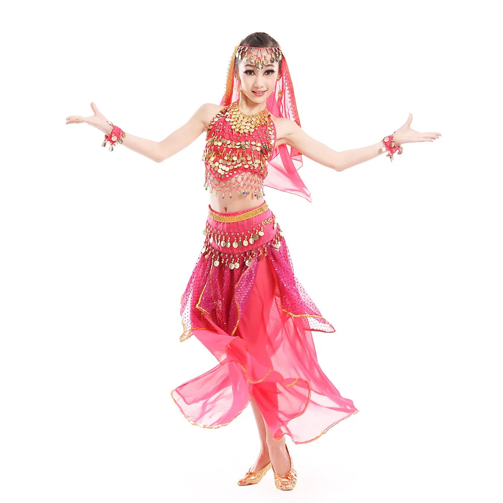 Disfraces de danza del vientre para niños y niñas, falda de danza del vientre, vestido de baile de Bollywood, conjunto de tela india de competición de rendimiento