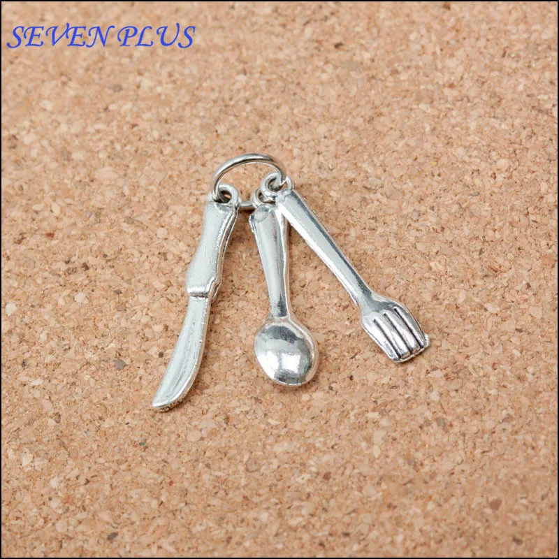 10 Pieces/Lot  25mm Anique Silver Plated Western Tableware Dinner Set Knives Forks Spoon Charms For Diy Jewelry Making 1400