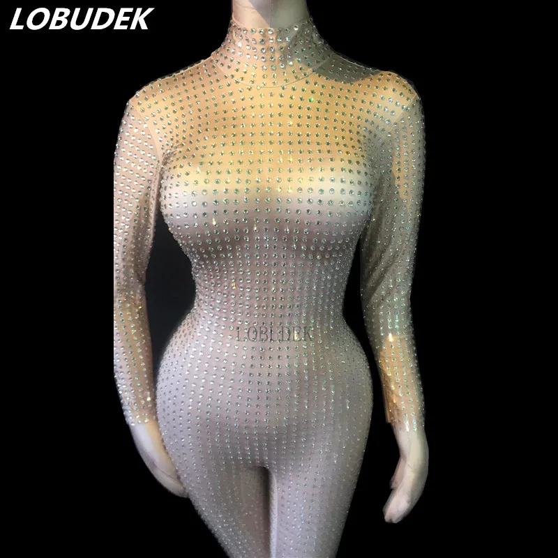 

Sexy Skin Color Leotard Jumpsuit Bling Rhinestone Stretch Jumpsuits Women Luxurious Costume Party Singer Host Stage DS Costume