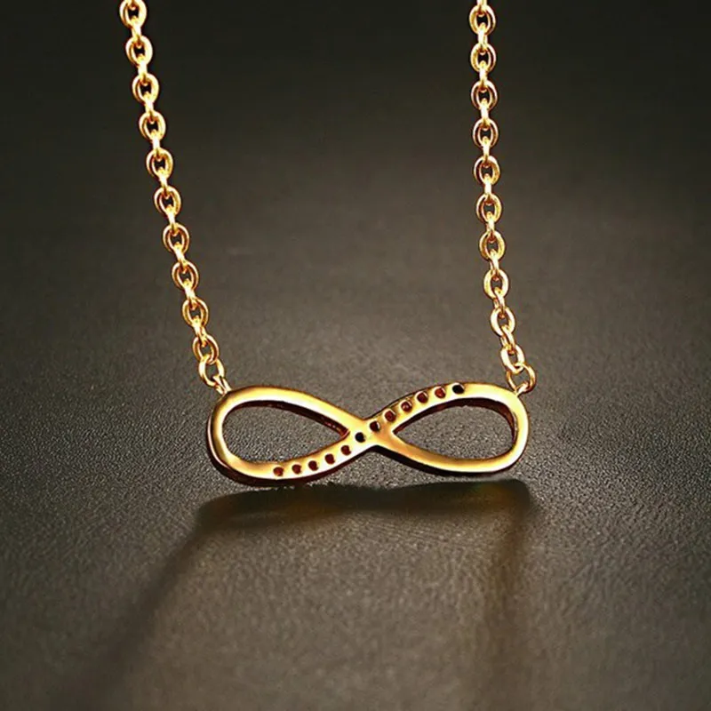 Ladies Fashion Gold-Color Stainless Steel Chain Infinity Pendant Necklace AAA+ Cubic Zirconia Pave Women Collar Necklace