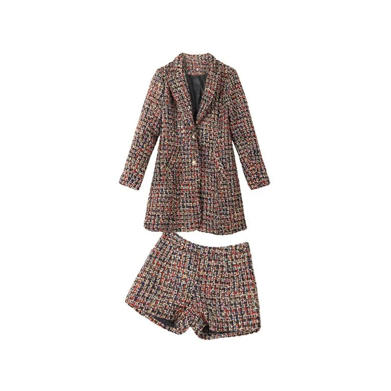 Imagem -05 - Nova Elegante Feminino Tweed Jaqueta Ternos Emendados Sarja Longa Xadrez Blazer Cabolsa Shorts Roupas ol Trabalho de Escritório Formal Conjuntos Terno