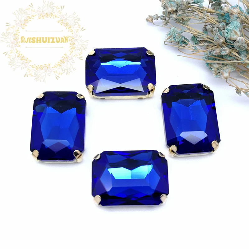 Sapphire blue Rectangular Crystal Glass Sewing Rhinestones with gold Claw Rhinestones for Diy wedding Dress and Bags