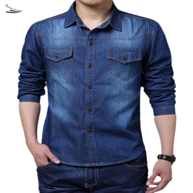 2024 Spring Men Shirt Denim 5xl Cotton Turn-down Collar Pockets Men Shirts New Spring Long Sleeve Blue Casual Tide Free Shipping